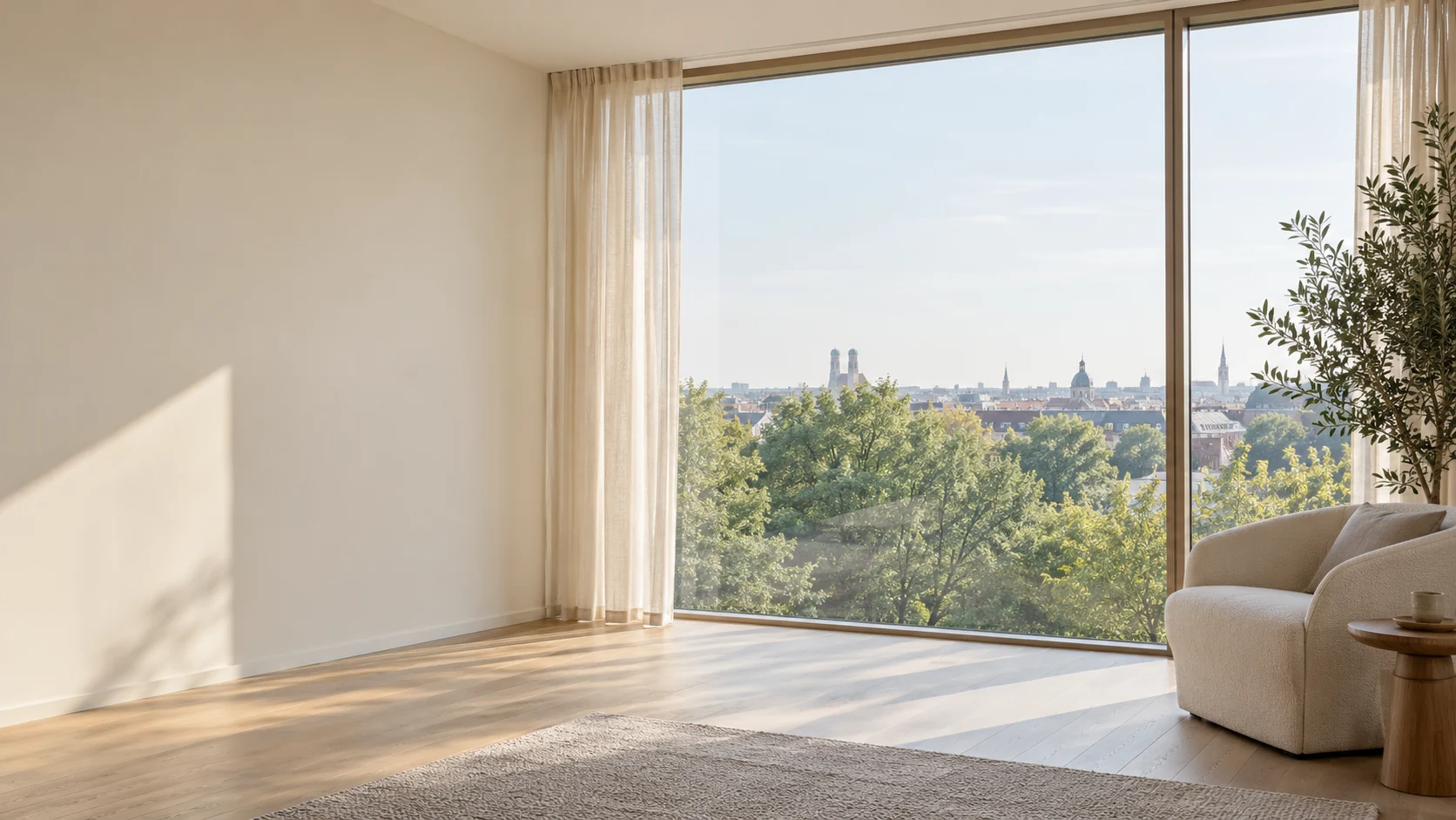 Symbolbild: Heller Raum mit großer Fensterfront und Blick über grüne Baumwipfel und die Stadt.